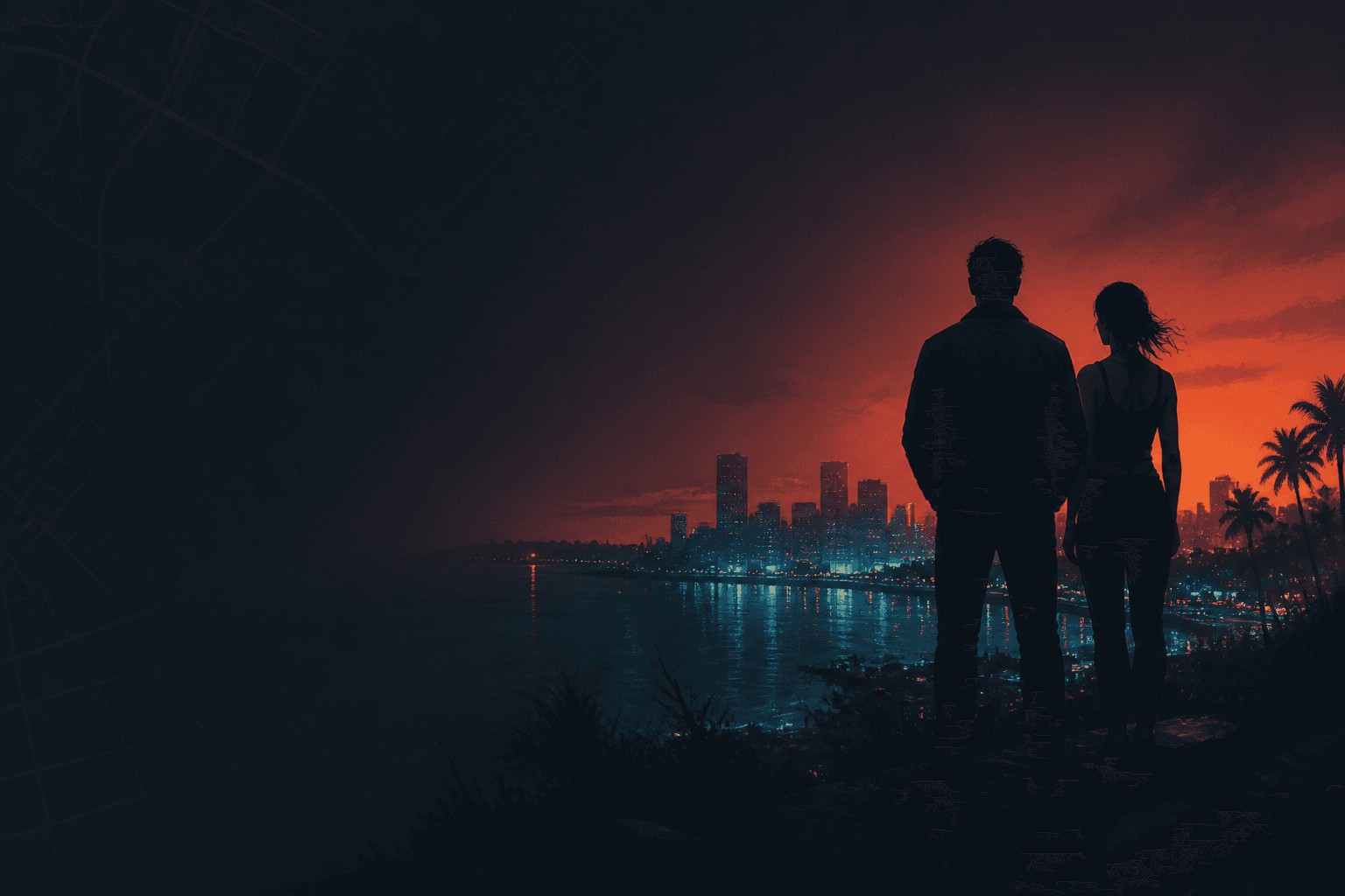 Original illustration of two anonymous figures overlooking a neon coastal city