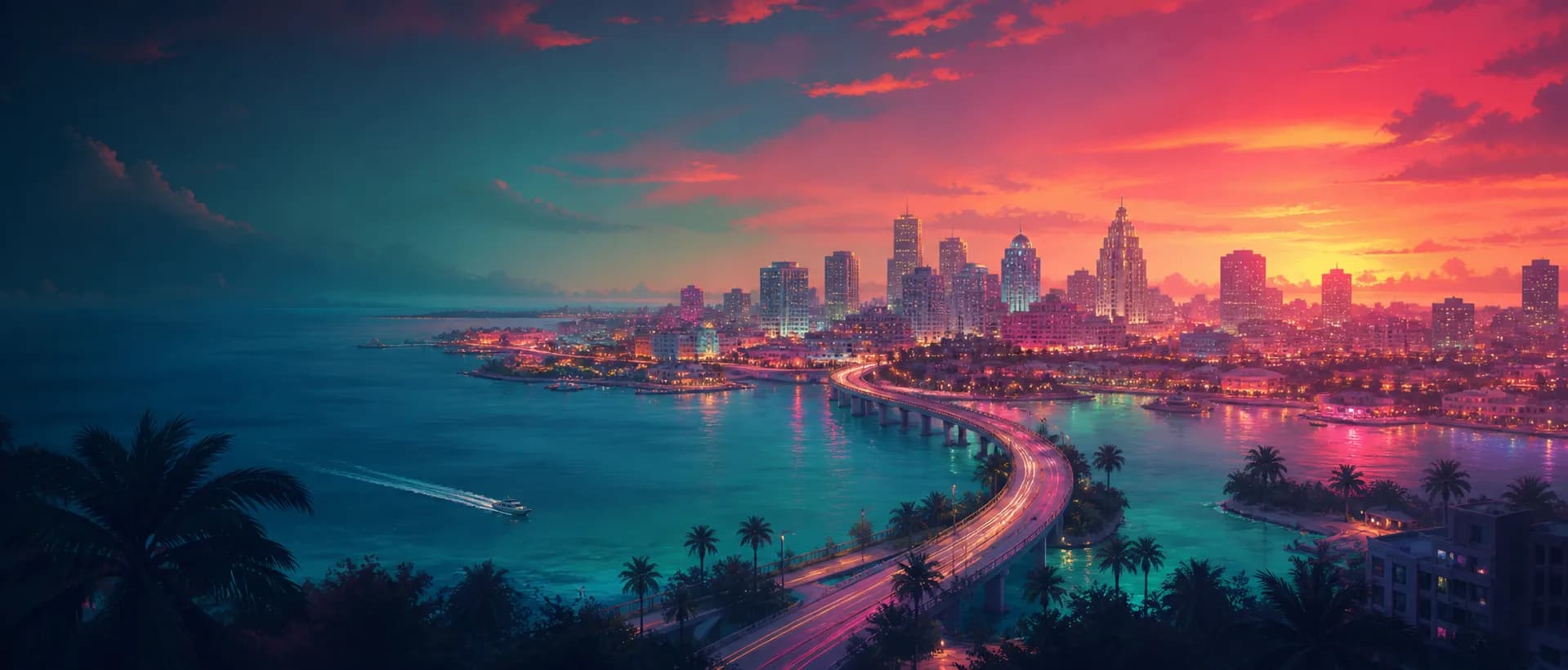 Original illustration of a tropical coastal city glowing at sunset
