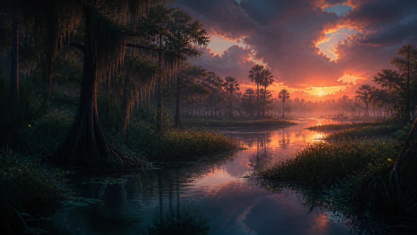 Original illustration of a subtropical wetland at sunset